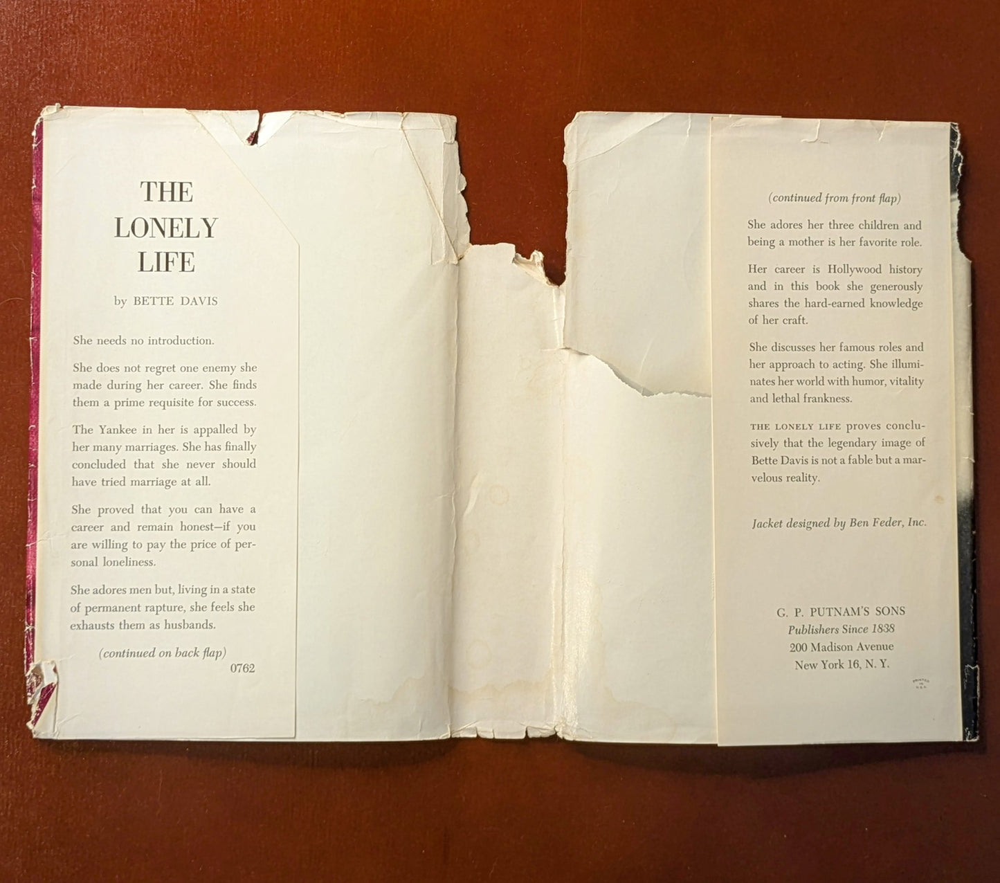 BETTE DAVIS "THE LONELY LIFE" SIGNED COPY OF 3RD PRINTING 1962