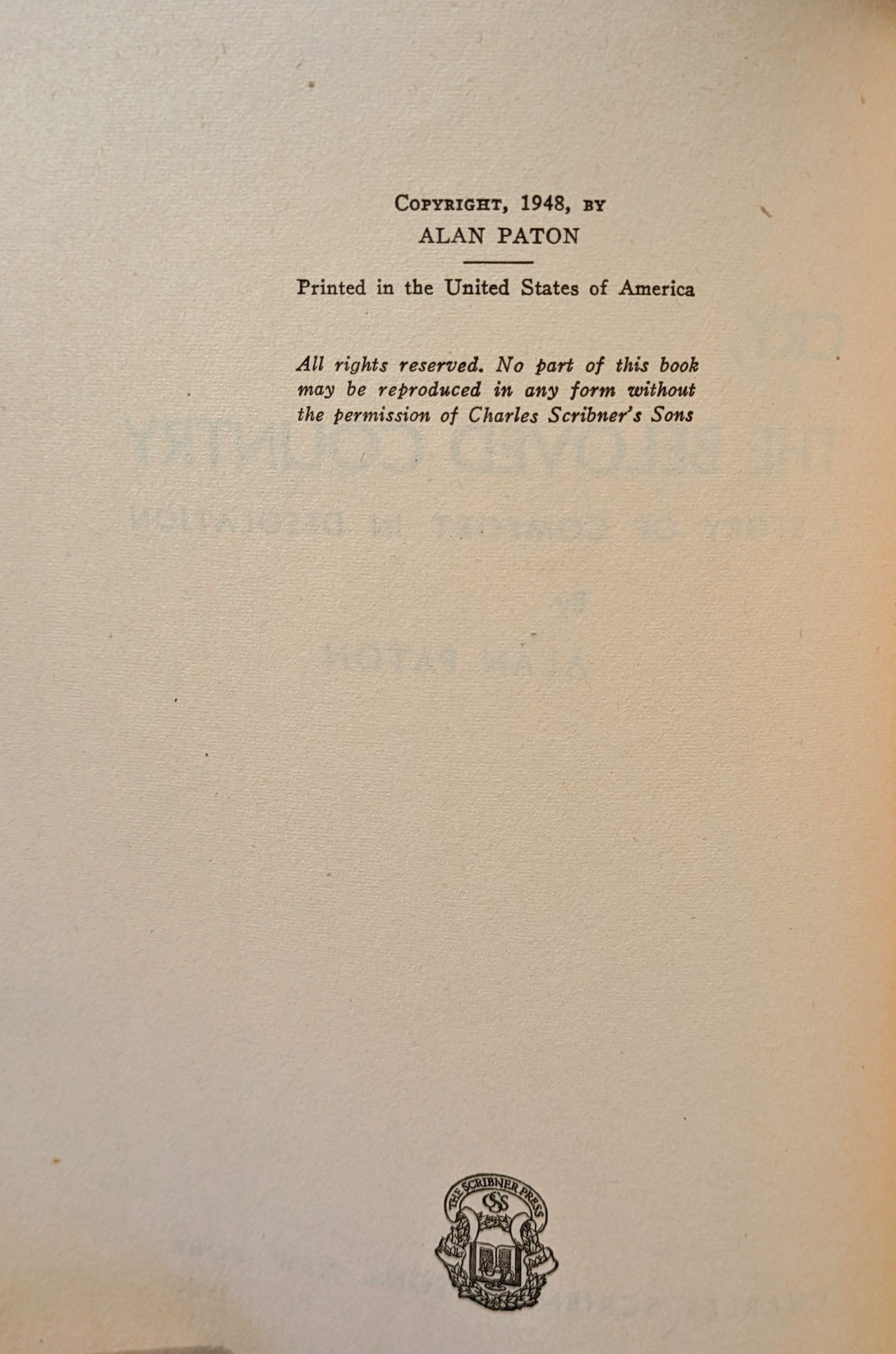 ALAN PATON "CRY, THE BELOVED COUNTRY" US EDITION EARLY COPY 1950