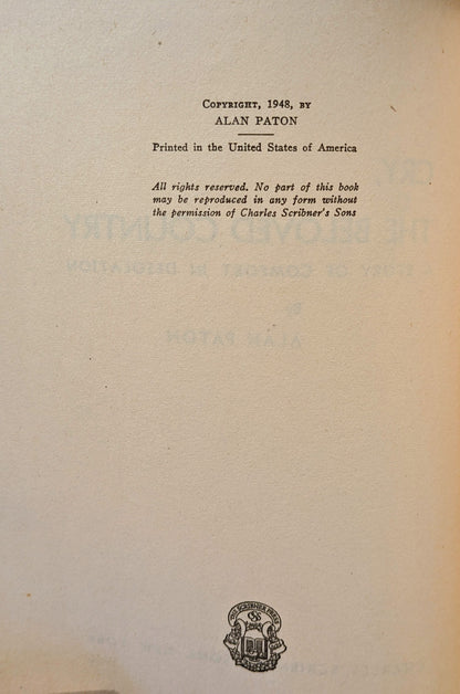 ALAN PATON "CRY, THE BELOVED COUNTRY" US EDITION EARLY COPY 1950