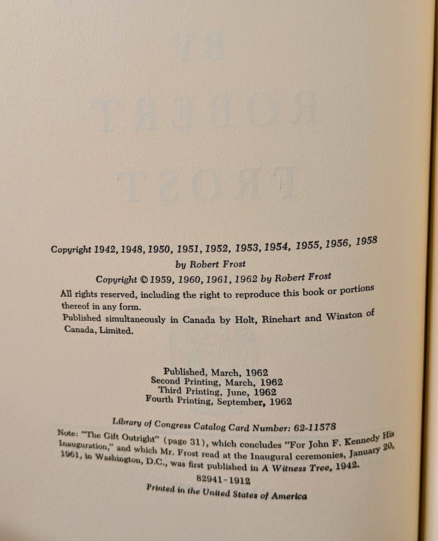 ROBERT FROST "IN THE CLEARING" 4TH PRINTING 1962