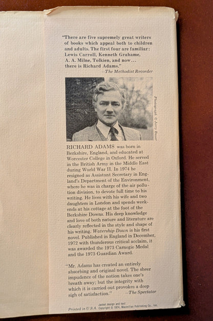 RICHARD ADAMS "WATERSHIP DOWN" FIRST US EDITION 1974