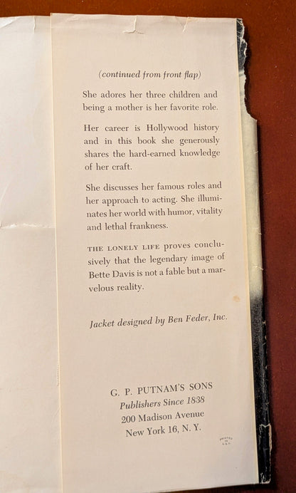 BETTE DAVIS "THE LONELY LIFE" SIGNED COPY OF 3RD PRINTING 1962