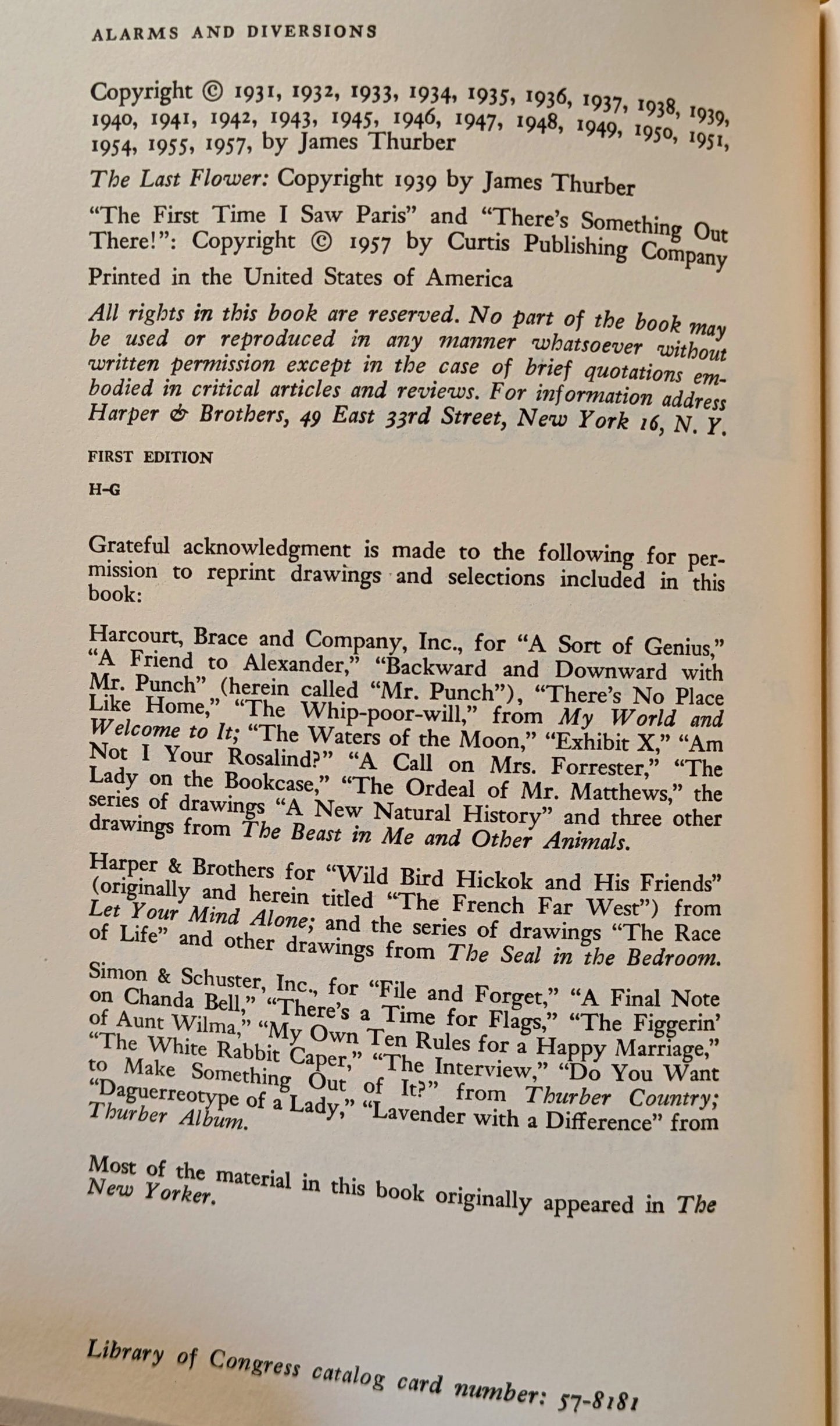 JAMES THURBER "ALARMS AND DIVERSIONS" FIRST US EDITION 1957