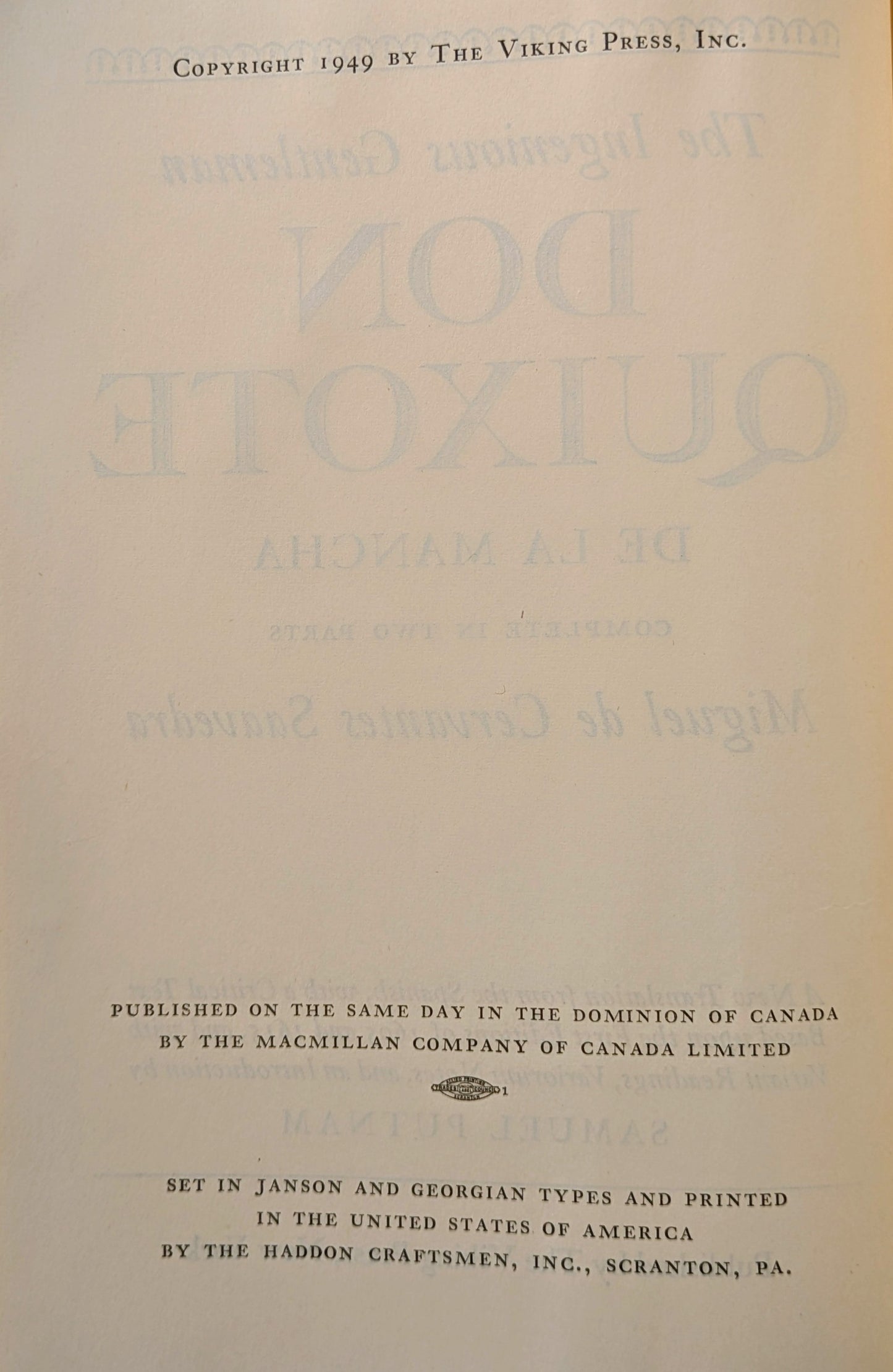 MIGUEL DE CERVANTES "DON QUIXOTE" SAMUEL PUTNAM TRANSLATION 1949