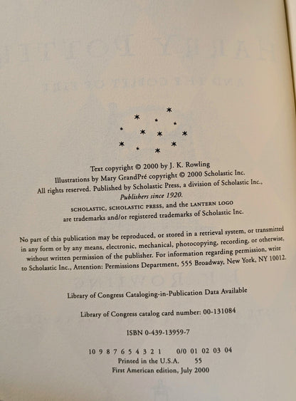 J.K. ROWLING "HARRY POTTER AND THE GOBLET OF FIRE" FIRST US EDITION 2000
