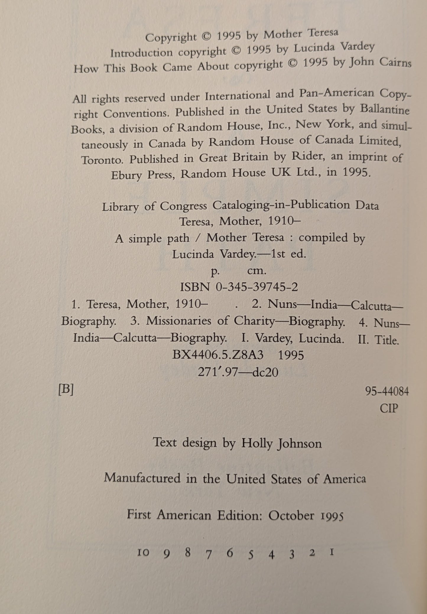 MOTHER TERESA "A SIMPLE FAITH" FIRST US EDITION 1995