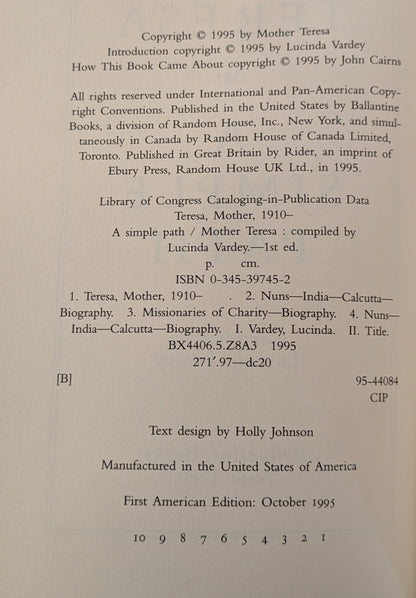 MOTHER TERESA "A SIMPLE FAITH" FIRST US EDITION 1995