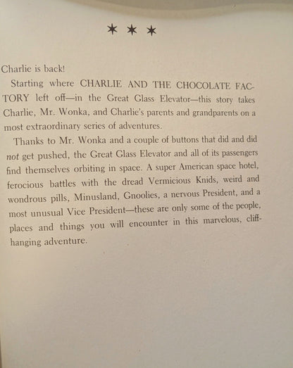ROALD DAHL "CHARLIE AND THE GREAT GLASS ELEVATOR" 4TH PRINTING 1972