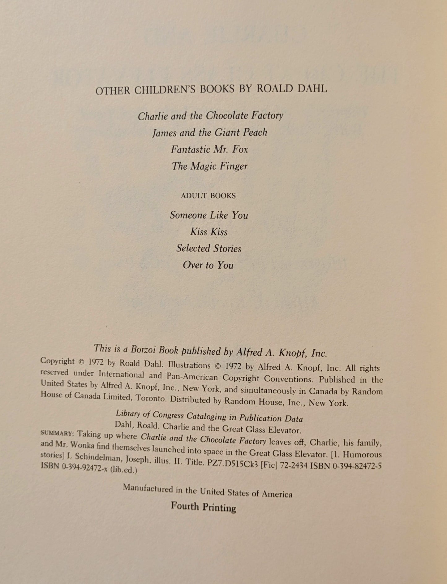 ROALD DAHL "CHARLIE AND THE GREAT GLASS ELEVATOR" 4TH PRINTING 1972