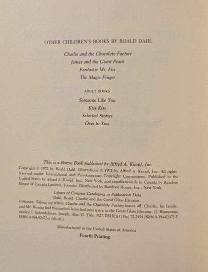 ROALD DAHL "CHARLIE AND THE GREAT GLASS ELEVATOR" 4TH PRINTING 1972