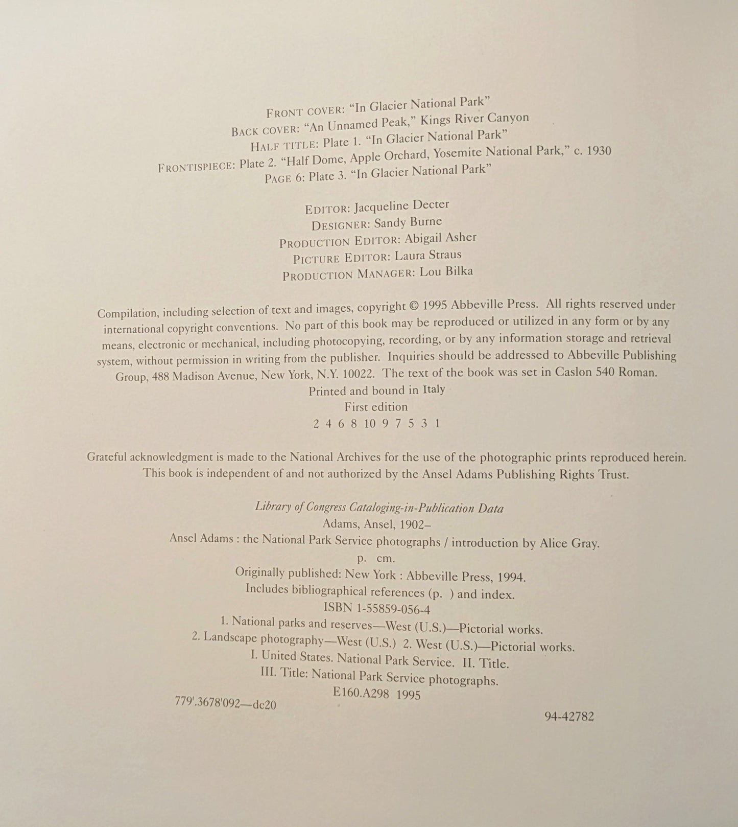 ANSEL ADAMS "THE NATIONAL PARK SERVICE PHOTOGRAPHS" FIRST EDITION 1995