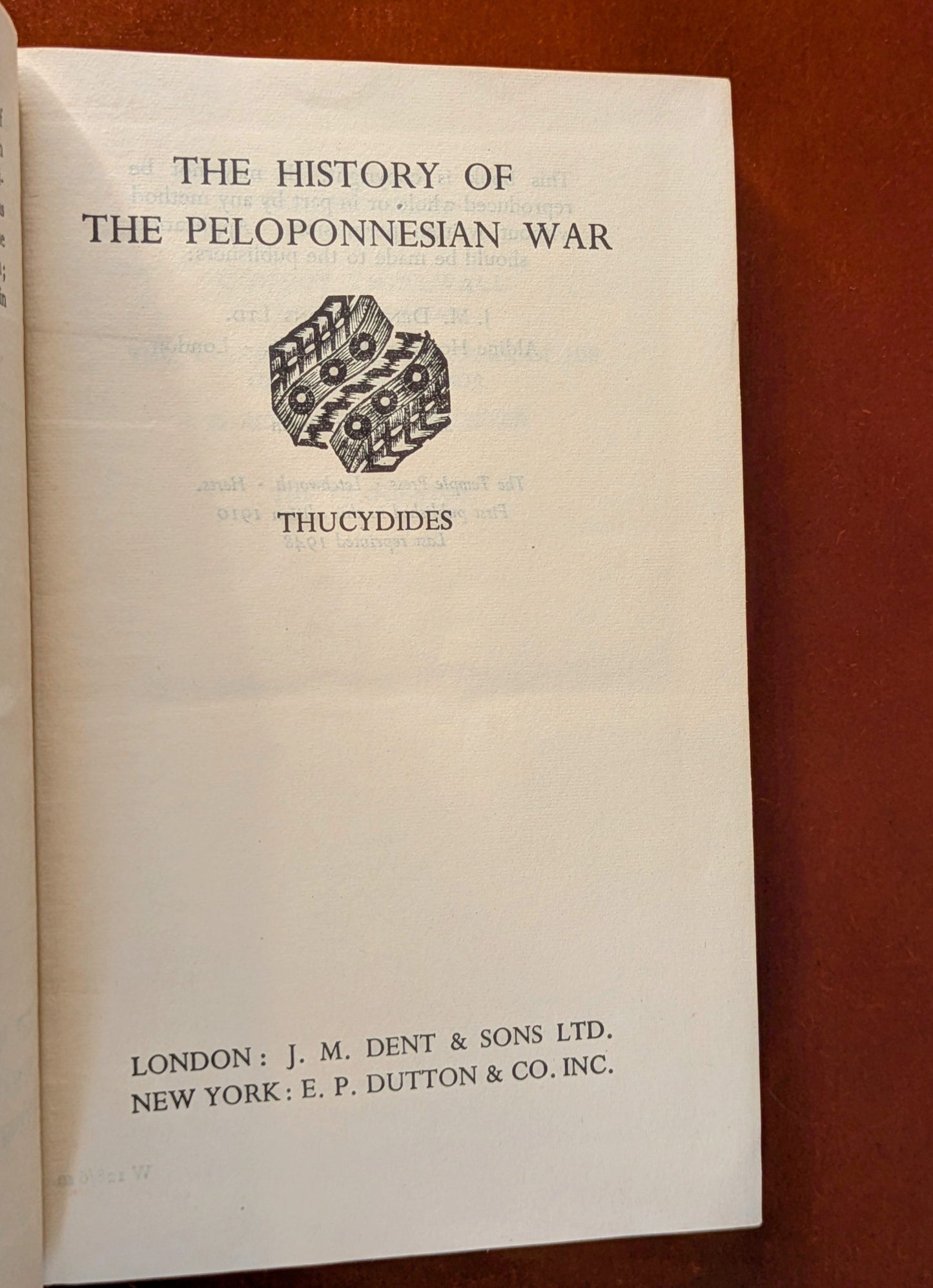 THUCYDIDES "HISTORY OF THE PELOPONNESIAN WAR" EVERYMAN'S LIBRARY EDITION 1948