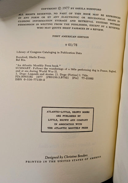 SHEILA BURNFORD "BEL RIA" FIRST US EDITION 1978