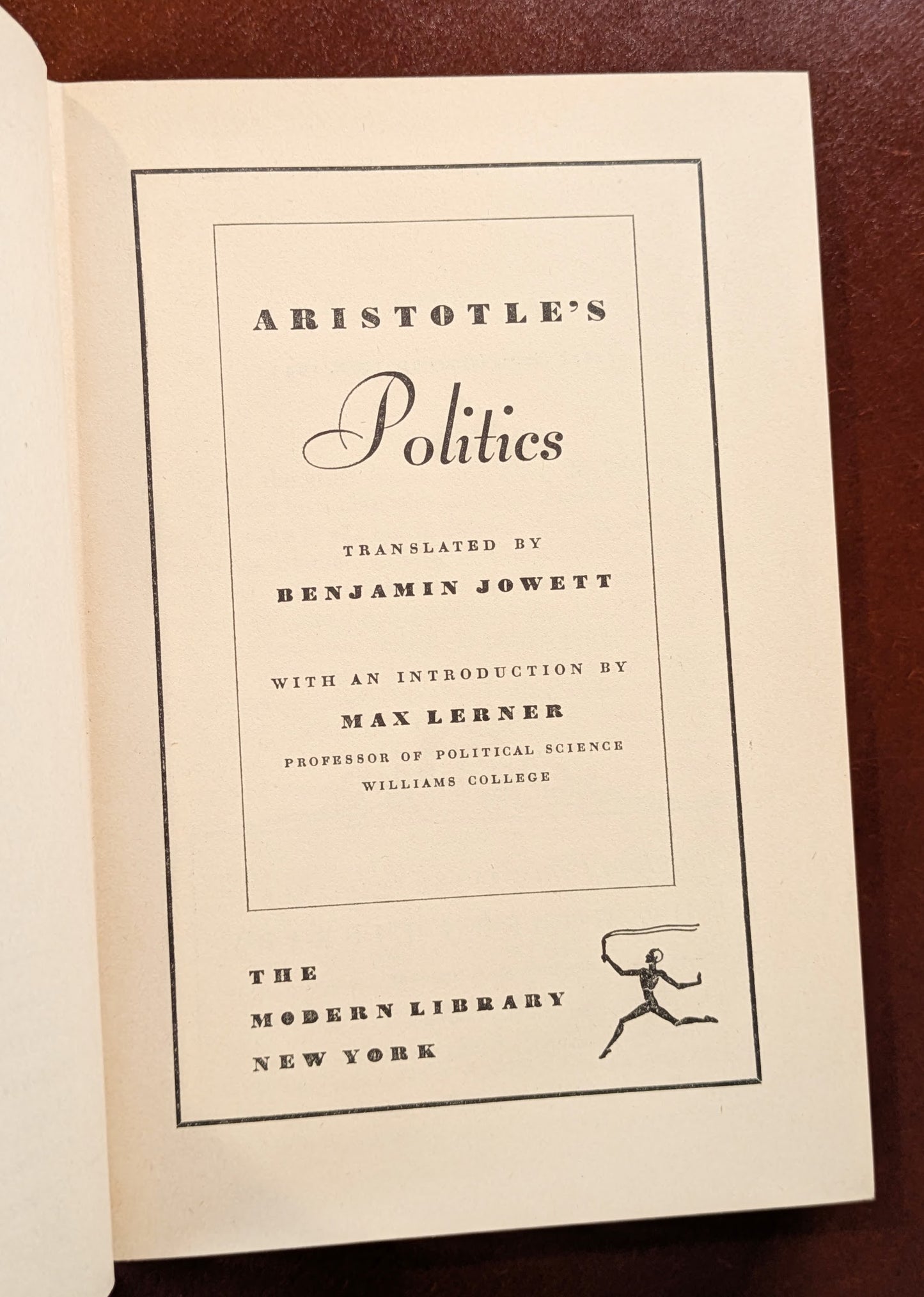 1943 - ARISTOTLE'S POLITICS FIRST MODERN LIBRARY EDITION